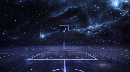 A basketball court floating in space, with each line and marking forming constellations, symbolizing the universal principles of competition and play