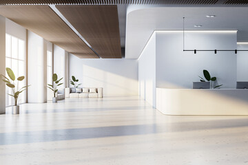 Modern office reception area with light interior, minimalist design, and plants near large windows. Empty desk in background. 3D Rendering