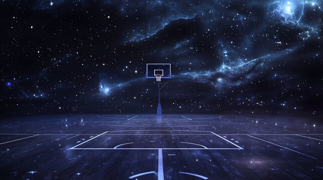 A basketball court floating in space, with each line and marking forming constellations, symbolizing the universal principles of competition and play