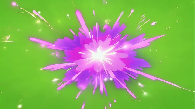 Cartoonish purple explosion with swirling sparks and a glowing center, on green
