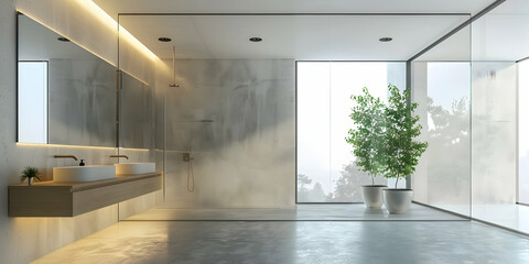Fototapeta premium Modern Bathroom Interior Design with Concrete Walls and Large Windows - 3D Rendering