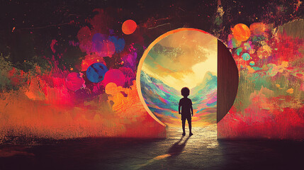 Obraz premium A child looking through a keyhole, with the view showing a fantastical world of colors and shapes, symbolizing curiosity and the excitement of discovery
