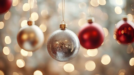 63.A set of glossy Christmas ornaments in rich shades of gold, silver, and crimson hanging against a softly blurred backdrop. The background is filled with twinkling lights and soft, glowing bokeh,