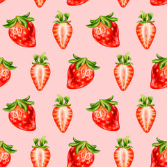 Seamless pattern with bright berries and strawberry slices. Sweet healthy dessert, cooking ingredients. Decorations for a festive table, a summer party. Hand-drawn illustrations, background