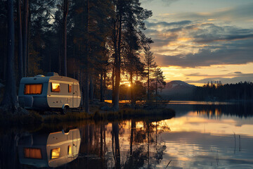 Holiday trip on large family motorhome for holiday in beautiful nature