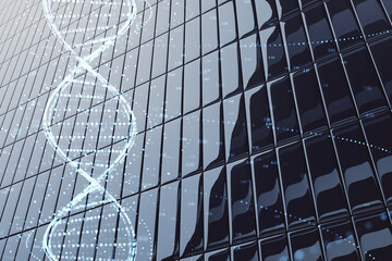 Obraz premium Abstract DNA spiral structure on reflective glass building background, illuminated by soft light dots. Futuristic science concept. 3D Rendering