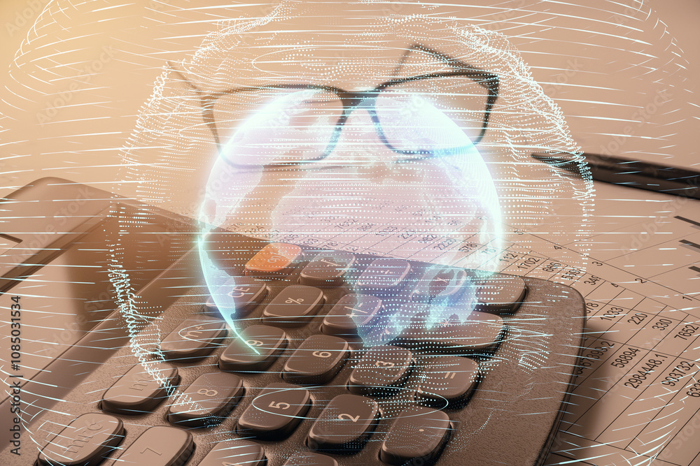 Poster holographic globe overlaying a calculator and financial spreadsheets, symbolizing global business an