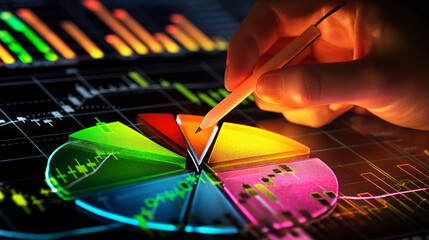 An investor adjusting sections of a pie chart, representing different investments in their portfolio. The background shows a transparent overlay of candlestick charts