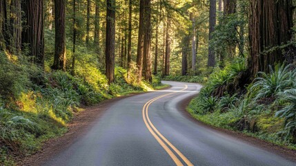 Fototapeta premium 28.A tranquil scene of a two-lane road winding through the heart of the Redwood National Forest. The massive redwood trees tower over the road, their bark rough and textured, reaching up to the sky.