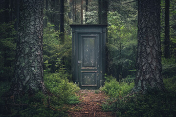 Fantastically beautiful door in wild forest leading to unknown