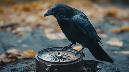 A raven perched on a broken compass, symbolizing mystery, lost direction, and the search for meaning