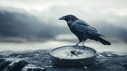 A raven perched on a broken compass, symbolizing mystery, lost direction, and the search for meaning