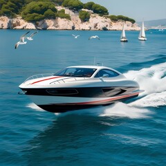 Cool looking Speedboat on the sea, nice color shape, front view, travel tools.