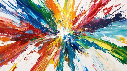 41.A vibrant explosion of colorful paint splatters across the canvas, creating a dynamic and energetic composition. Bright shades of red, blue, green, and yellow burst out from the center, with