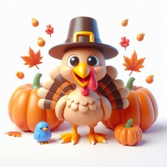 3D cartoon Funny Thanksgiving Turkey happy in white background