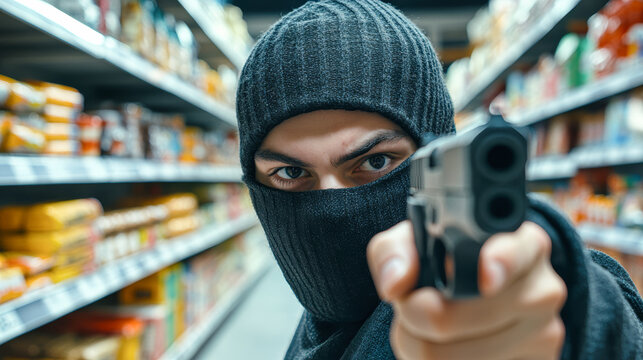 A young man in a balaclava robs a grocery store with a gun while shoppers are present in the aisles at night