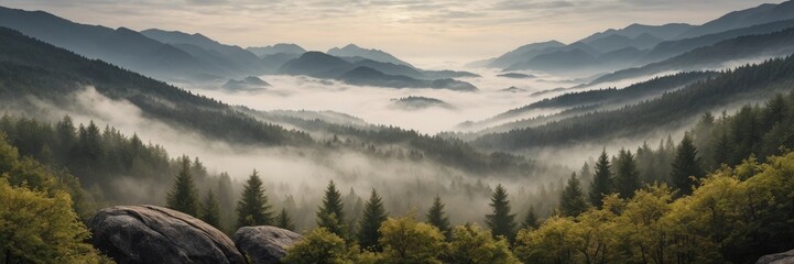 Obraz premium Beautiful mountain view with forests and rocks Covered with Foggy. Foggy Morning Landscape