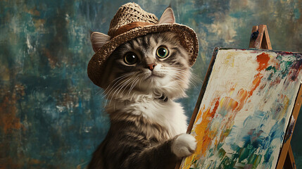 A cat with a hat and paintbrush on easel painting