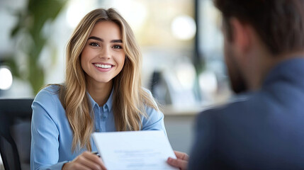 A young businesswoman is holding an agreement and talking to her colleague across the street