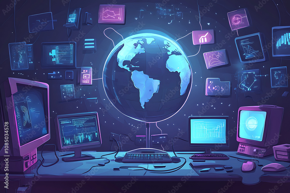 Poster a digital workspace featuring a globe and multiple screens displaying data and analytics.
