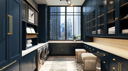 Fototapeta premium Chic laundry room with dark blue cabinets, folding station, and gold hardware