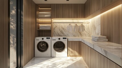 Chic laundry room with marble countertops, modern machines, and ample storage