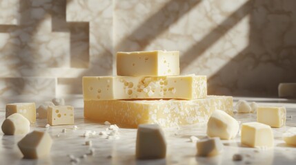 A tempting selection of cheese dices and slices arranged as a snack platter, showcasing a variety of textures and flavors.