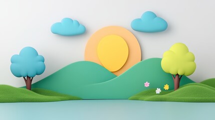 Obraz premium Idyllic Cartoon Landscape Sun Clouds Trees Hills Flowers Nature Spring Childrens Background Design