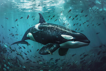 Fototapeta premium Fantastically beautiful majestic huge whale in deep ocean