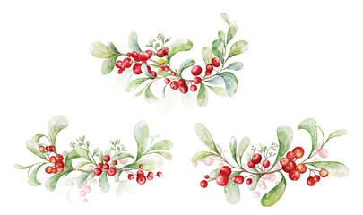 Set of watercolor arrangements of berries and leaves branches