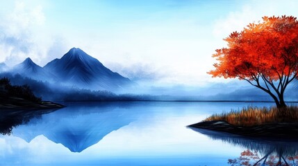 Serene Autumn Lake Misty Mountains Red Tree Reflection