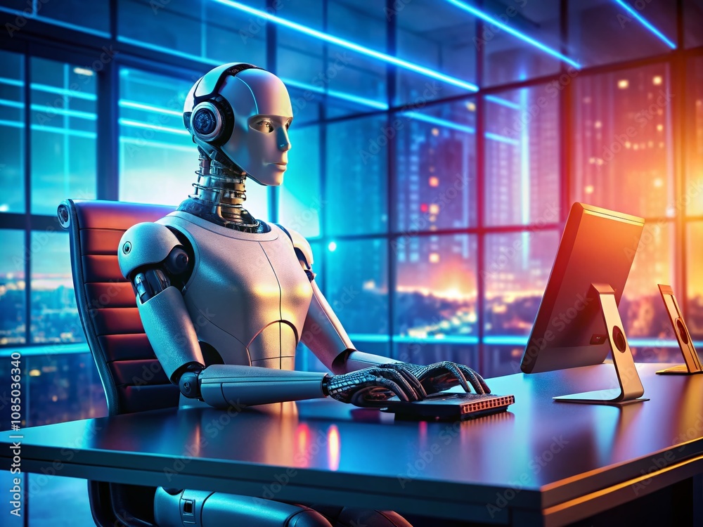 Poster futuristic robotic android engaged in computer work, showcasing advanced technology and ai capabilit