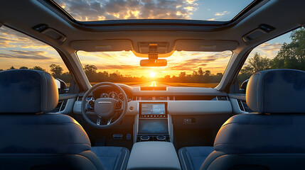 Summer road trip with family viewed from the backseat showing open road ahead and warm sunset light, travel theme, 3D rendering