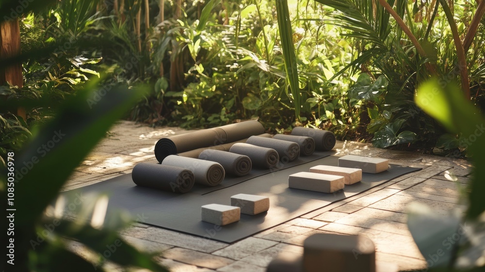 Poster a serene yoga setup with mats and blocks neatly arranged in a peaceful garden, a quiet, sun-dappled 
