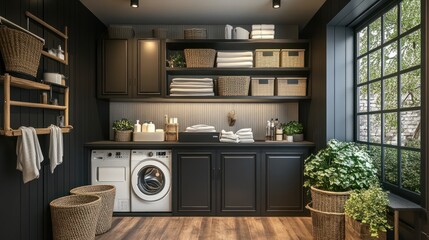 Laundry room with dark cabinets, plants, and organized storage, modern decor