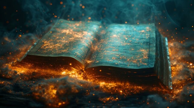 Ancient book with glowing pages surrounded by mystical smoke and sparkles evoking sense of magic and mystery, ancient wisdom and secrets held within pages of grimoire