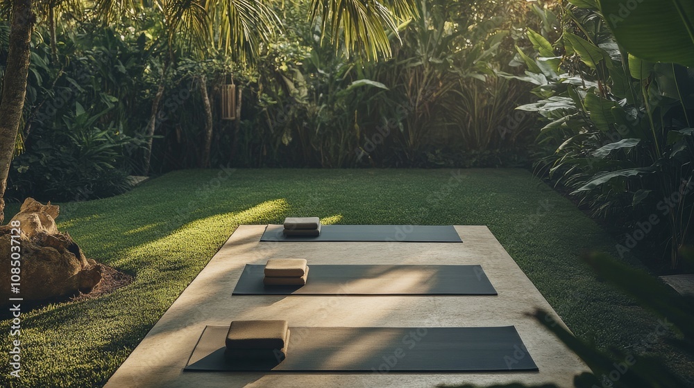 Poster a serene yoga setup with mats and blocks neatly arranged in a peaceful garden, a quiet, sun-dappled 