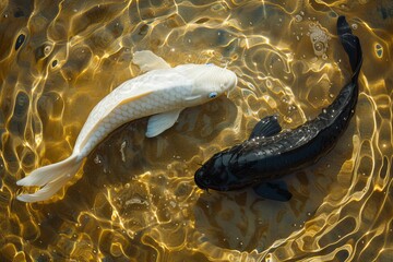 Top view of yin yang two koi fish, one black and one white, swimming in a golden lit pond creating beautiful water ripples, yin yang symbol, duality concept, evoking balance and harmony in opposites