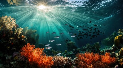 Fototapeta premium Here's a possible and keyword list for your stock photo.. Sunbeams illuminate vibrant coral reef teeming with fish.