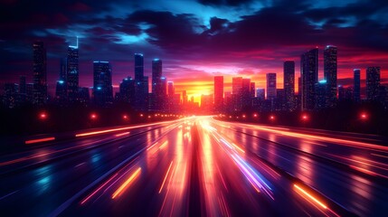 Uptrend stock market graph with a vibrant highway blur, dynamic city lights, high-speed financial theme, glowing aesthetics, 3D rendering
