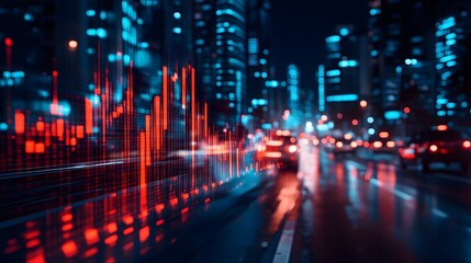Fototapeta premium Stock market uptrend graph with blurred urban traffic in the background, modern economic visuals, fast-paced energy, 3D rendering