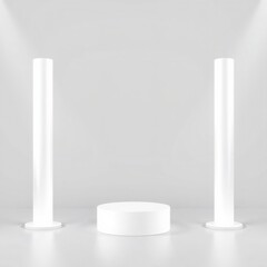 Minimalist product display with a white pedestal and two tall cylinders against a white background.