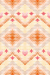 Ikat pixel knitted geometric heart shape seamless pattern. Native geometry decorative design for embroidery, ornament, texture, knitwear, sweater, interior, printing, decor