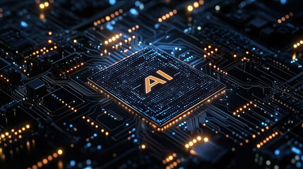 An orange circuit board with a black chip that says AI on it.