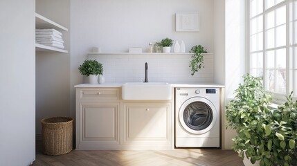 Stylish laundry room with farmhouse sink, decorative accents, and modern appliances