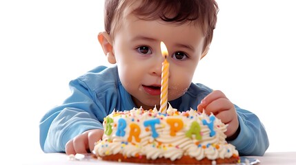 A young child celebrates their birthday with a colorful cake and a lit candle, expressing joy and excitement.