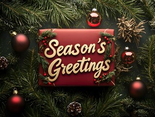 Festive Holiday Season's Greetings Card Surrounded by Pine, Ornaments, and Natural Decorations for Joyful Winter Celebrations and Merry Gatherings