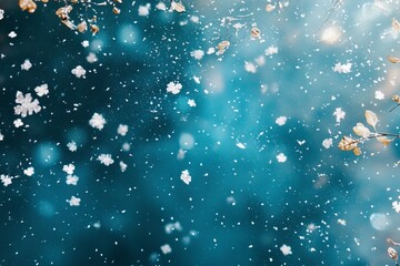 Beautiful snowflake wallpaper. Winter dust ice particles. Snowy weather white turquoise background.