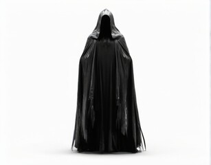 Naklejka premium Dark and Eerie 3D Render with Cloaked Figure in Metallic Robe on Plain White Background, Ominous Mood