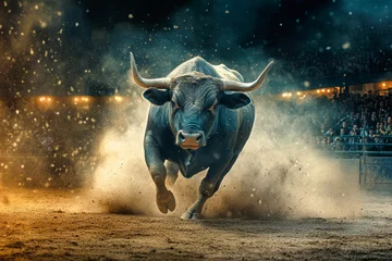 Selbstklebende Fototapeten An angry bull charges through a dusty arena at night, illuminated by the lights of an excited crowd in the stands © Anoo